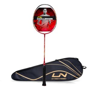 Li-Ning Challenger Boost Carbon Graphite Strung Badminton Racquet, 84 Grams, 30 Lbs String Tension and Free Full Cover (Red/Black)